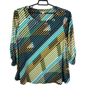 Women's Colorful Striped Blouse Top Grommet Detail Est. 1946 Long Sleeve XL